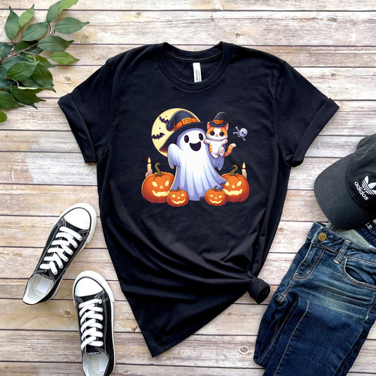 ghost with pumpkin and bat shirt design